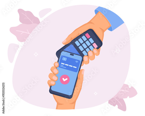 Contactless payment illustration with hand holding smartphone near pos terminal showing credit card and checkmark confirmation on purple background with decorative leaves
