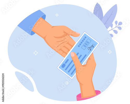 Hand giving bank check to another person, financial transaction, cheque payment, money transfer illustration, flat vector, isolated artwork, realistic hand drawn style
