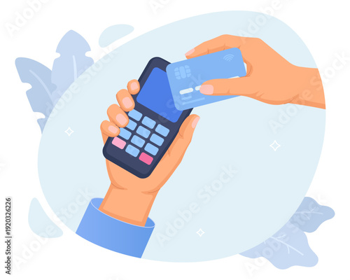 Contactless payment illustration with hand holding credit card near pos terminal for secure digital transaction in flat modern style with blue and orange colors