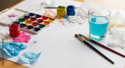 Art supplies on table with paint, brushes, and colored water  