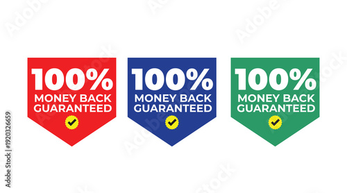 100% Money Back Guarantee Badge Set – Red Blue Green Refund Shield Labels Collection