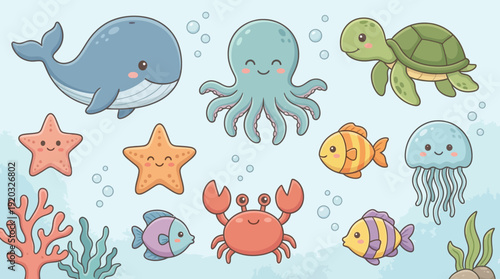 Charming Cartoon Sea Animals Illustration Pack for Children's Projects