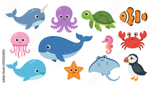 Charming Ocean Animal Collection Cute Flat Vector Cartoon Marine Wildlife Characters for Design