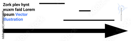 Progress, direction, sustainability, renewable energy, business growth, eco-friendly solutions. Large black arrow pointing right with a minimal wind turbine graphic. Progress and renewable energy