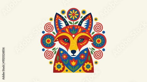 Exquisite Folk Art Fox Illustration Adorned with Symmetrical Floral and Swirl Motifs, a Vibrant Decorative Animal Vector Design Perfect for Creative Projects