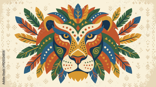 Vibrant and detailed tribal lion face illustration with ornate ethnic patterns and colorful feathers. Majestic vector art showcasing cultural motifs