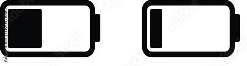 Black battery charge level icon set, power indicator silhouettes for electronic device interface and energy concept