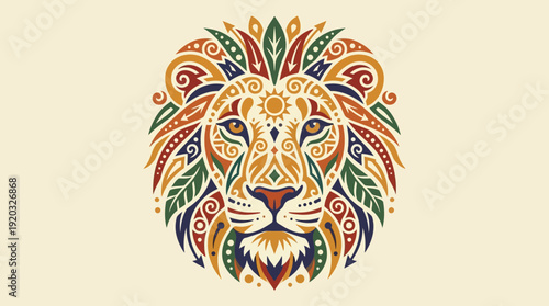 Vibrant Ornate Lion Head Vector Illustration Featuring Intricate Ethnic Patterns and Rich Cultural Mandala Design