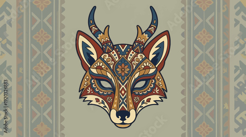 Stylized Fox Mask with Antlers in Ornamental Tribal Design