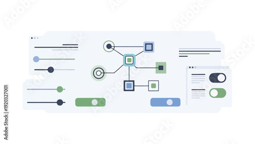 Infographic illustration of a flowchart with various colored shapes and lines on a light gray background with a modern and technological feel.