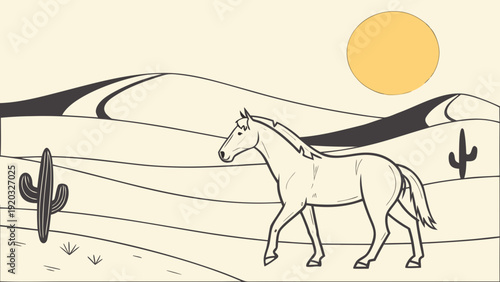 Majestic horse roaming freely in desert landscape with cacti