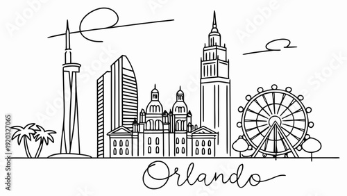 Orlando city skyline with iconic landmarks and ferris wheel