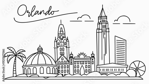 Orlando city skyline illustration with iconic landmarks