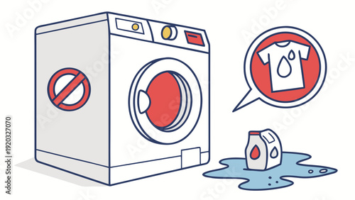 Washing machine with do not wash symbol and detergent spilled on floor