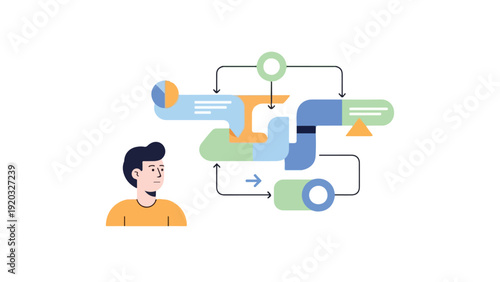 Flat illustration of a man looking at a flowchart with various colorful symbols and arrows on a white background.