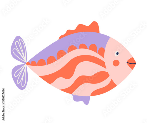 Hand drawn cute cartoon fish with decorative fins and flowing lines. Soft orange and purple palette adds playful marine charm Vector underwater character isolated for kids illustration, textile prints