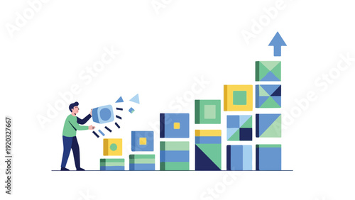 Flat illustration of a man holding a megaphone next to a colorful ascending bar graph with geometric shapes on a white background.