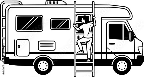 Monochrome illustration of a man climbing into an RV using ladde
