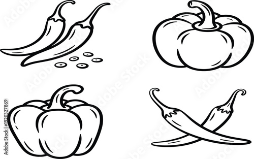 Hand drawn chili and bell pepper sketch set, vintage vegetable line art for spicy food menu