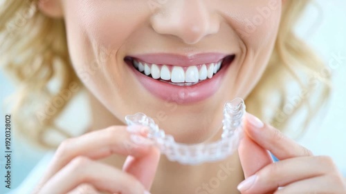 Woman holding transparent night dental splint for jaw tension relief and bruxism protection, tooth abrasion control, modern oral care, healthy bite support, preventive dentistry, oral hygiene routine