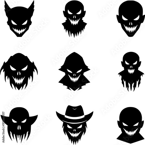 Sinister Silhouettes: A chilling collection of ominous monster faces, each etched with a malevolent grin and piercing eyes, a stark monochromatic illustration evoking fear and dread.