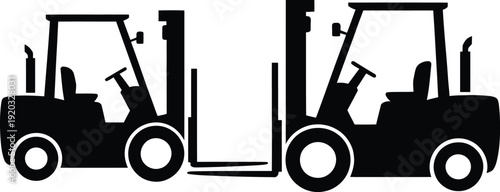 Two forklifts connected by a coupling device for synchronized operation