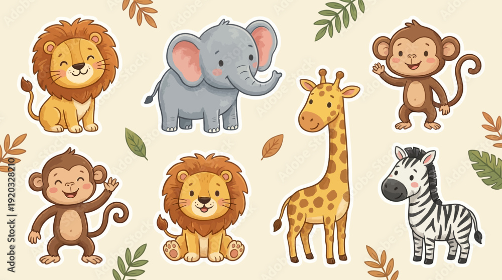 Obraz premium Adorable Jungle Safari Animal Characters Vector Set for Children's Designs, Cute Wildlife Friends Illustration