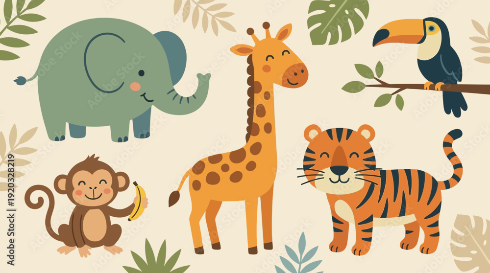 Fototapeta premium Jungle Adventure A Delightful Collection of Adorable Cartoon Safari Animals for Children