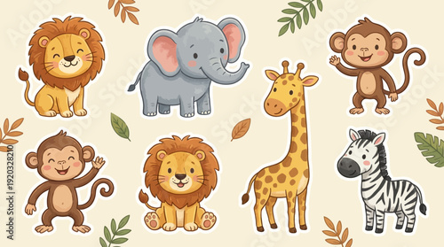 Adorable Jungle Safari Animal Characters Vector Set for Children's Designs, Cute Wildlife Friends Illustration