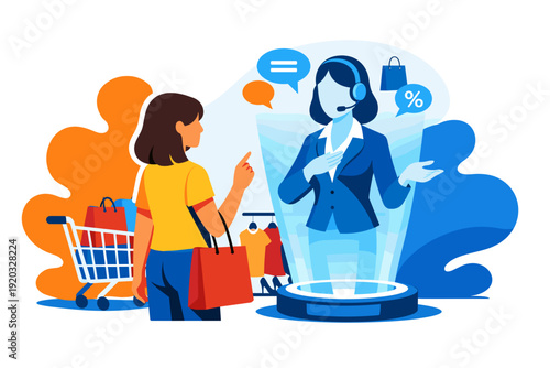 Customer service hologram assisting a shopper with a shopping cart.