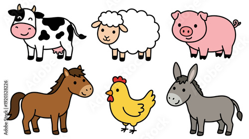 Cute cartoon farm animals including a cow, sheep, pig, horse, chicken, and donkey illustrations