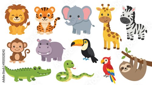 Cute cartoon jungle animals set