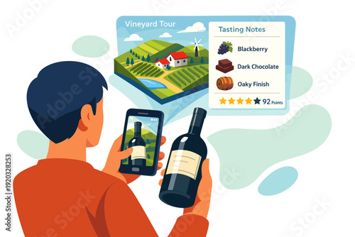 Man holding wine bottle and smartphone with tasting app.