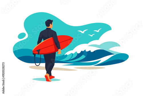 Man in wetsuit carrying surfboard walks towards ocean waves.