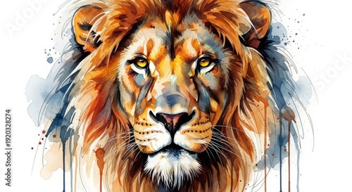 Majestic Lion Portrait, Watercolor Splash Art, Fierce Animal King, Vibrant Colors