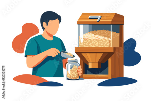 Man Scooping Cereal From Dispenser Into Jar.