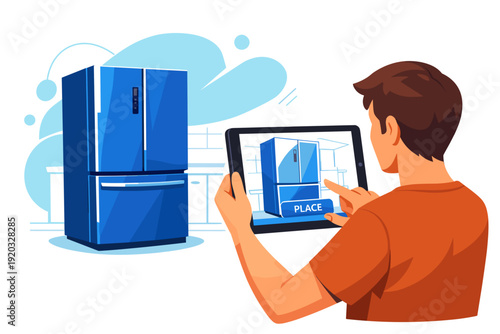 Man uses tablet to place a refrigerator in a virtual space.
