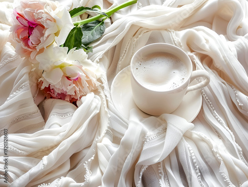 White porcelain cup of coffee placed on a saucer beside pink peony flowers on a soft white fabric background with delicate folds and textures