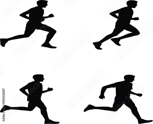 Black running man silhouette set, male athlete sprinting, group of people jogging for fitness and health