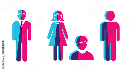 Stylized human figures in vibrant blue and pink split colors, symbolizing gender identity, diversity, equality, inclusion, and non-binary concepts.
