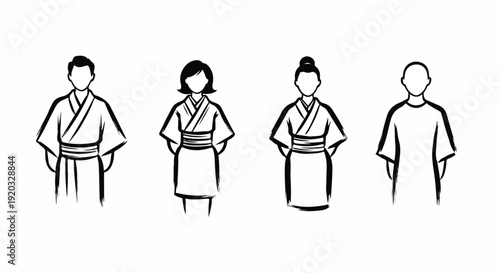 Minimalist line art illustration of traditional Japanese clothing, featuring men and women in yukata and kimono, contrasted with a modern casual figure.