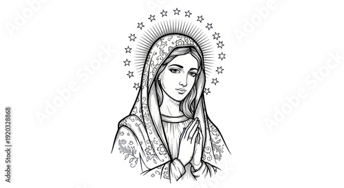Virgin Mary Praying with Halo of Stars, Religious Illustration