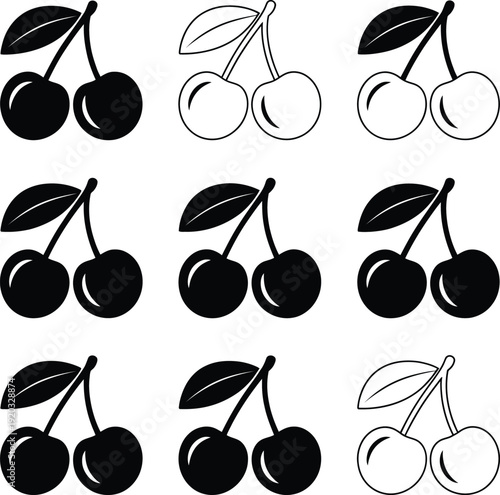 Variations in stylized cherry illustrations with different outlines and shading techniques