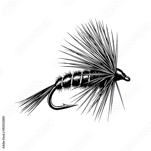 Black Fishing Fly Lure, Realistic Illustration, Isolated on White Background