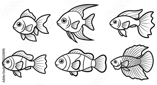 Collection of Six Different Cartoon Fish Outlines for Coloring
