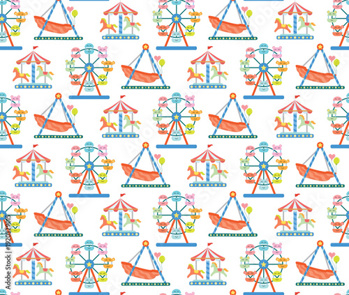 Seamless pattern of colorful amusement park rides. Bright background with ferris wheel, swinging ship and carousel.