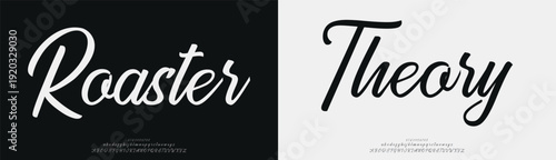 Roaster Theory, Script elegant alphabet beauty logo font. Classic beautiful Modern luxury Serif Letter Minimal Fashion. Typography decoration logotype fonts, wedding, logos. vector illustration

