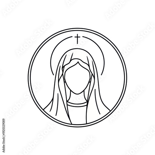 Virgin Mary Icon, Religious Symbol, Christian Art, Line Drawing