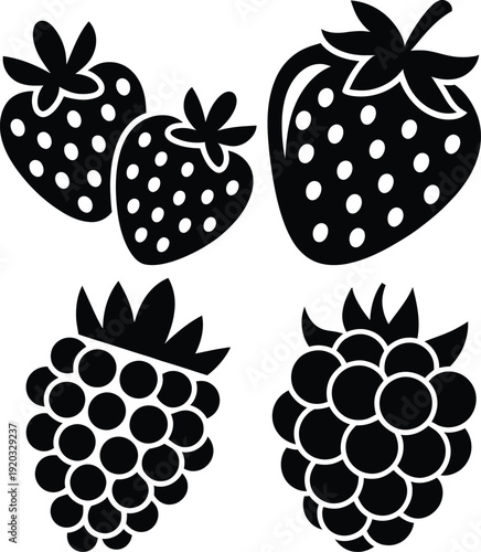 Black and white illustration of strawberries and blackberries in clusters