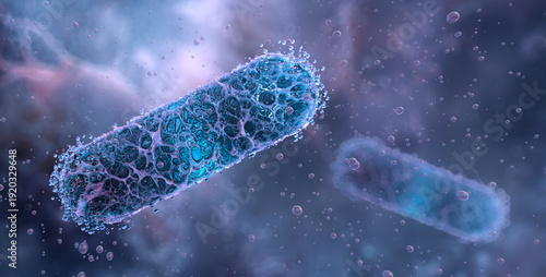 Bacillus subtilis bacterium in hydrated extracellular biofilm matrix. Enzyme production proteases, amylases, fermentation technology, probiotic development. Industrial biotechnology, synthetic biology